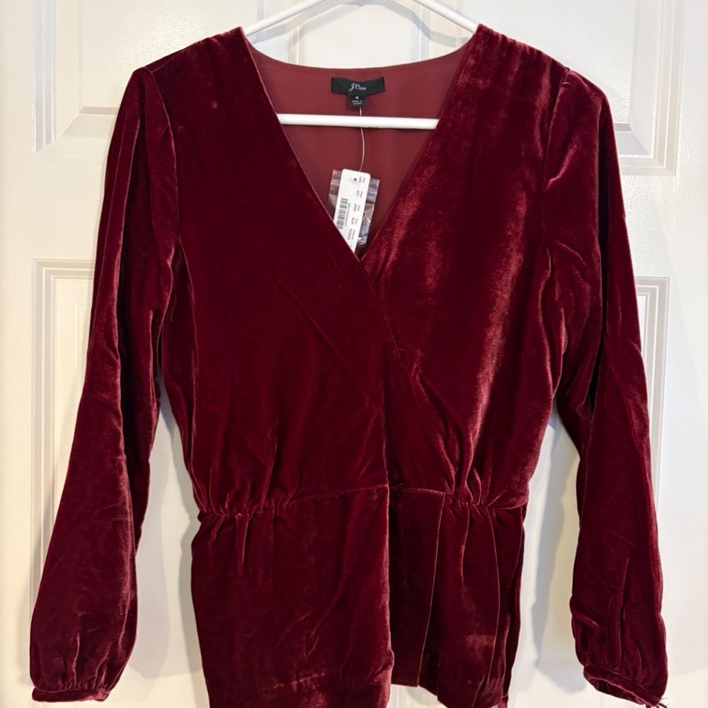 J. Crew Velvet Long-Sleeve Wrap Top in Deep Burgundy